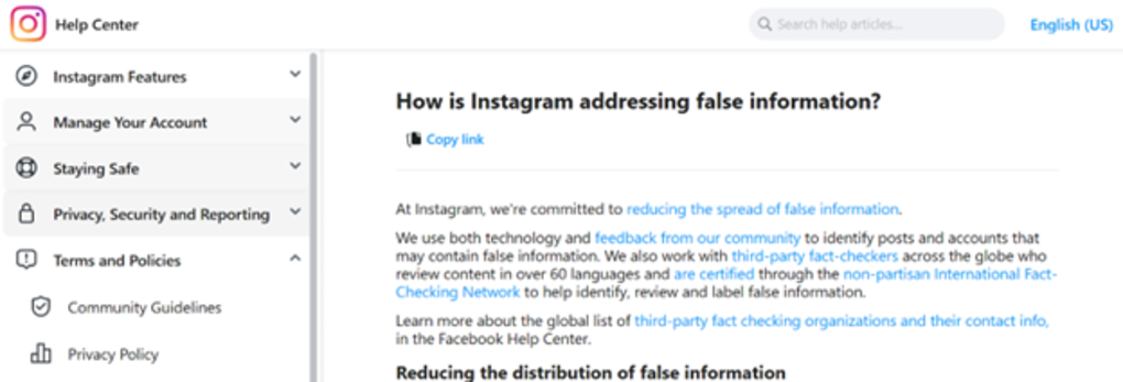 A screenshot of Instagram's misinformation policy page with the heading "How is Instagram addressing false information?"