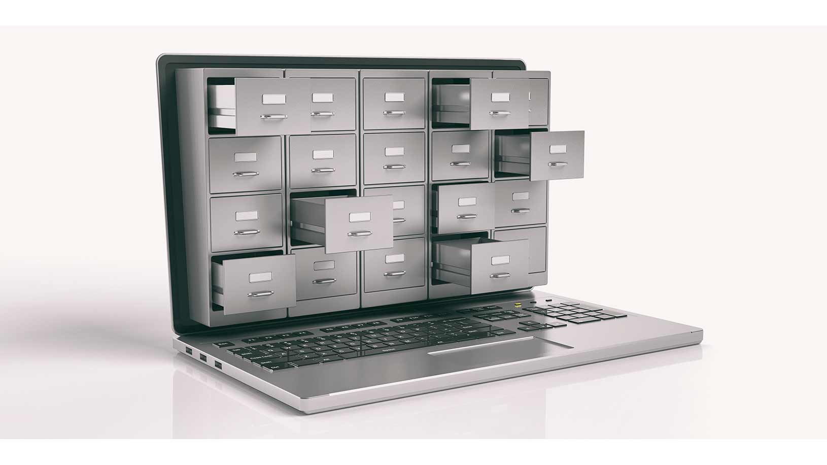 laptop with 3D filing cabinets popping out