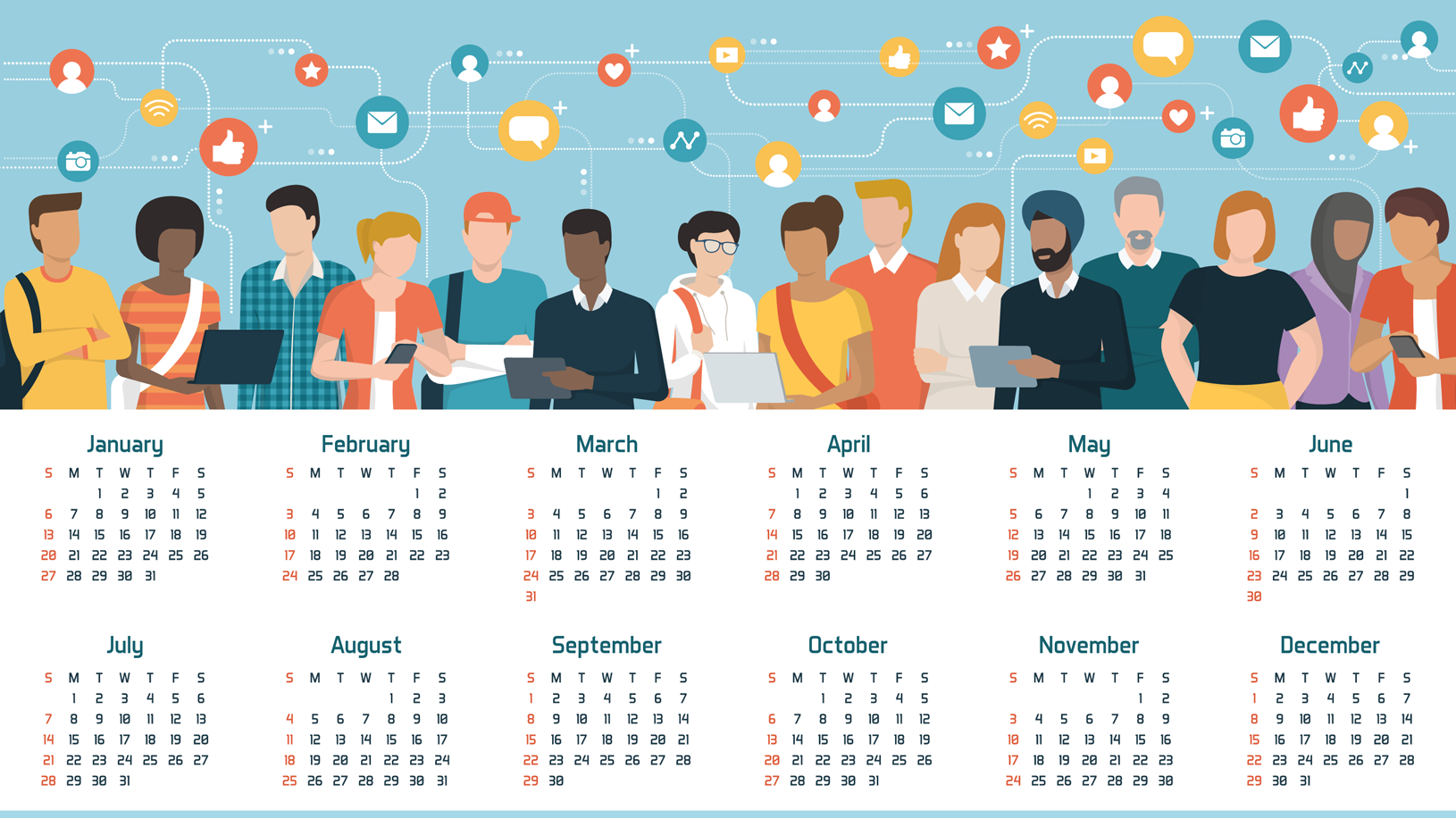 Global Community Connected through Social Media Calendar