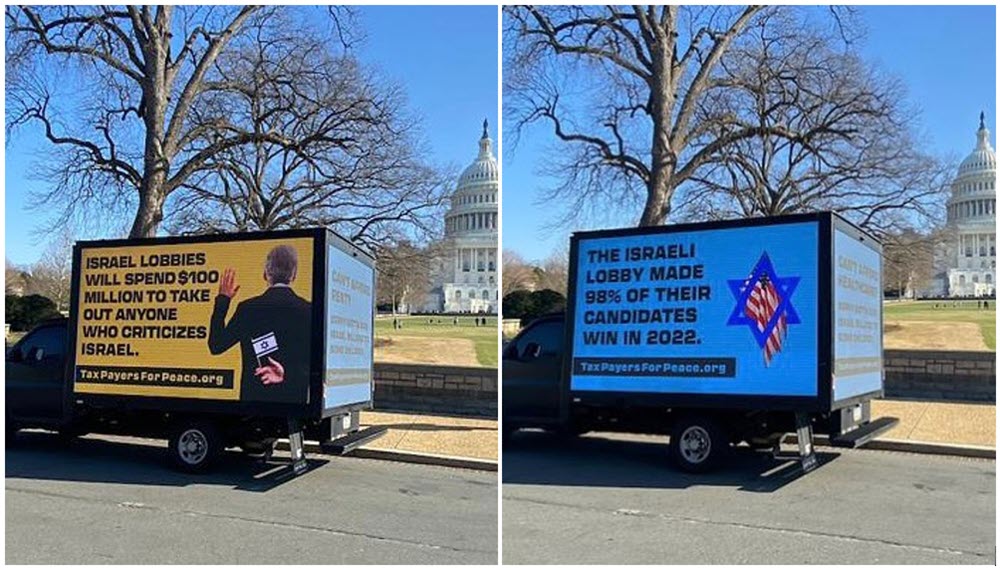 Mobile billboard at Columbia University shows names and faces of students  allegedly linked to anti-Israel statement