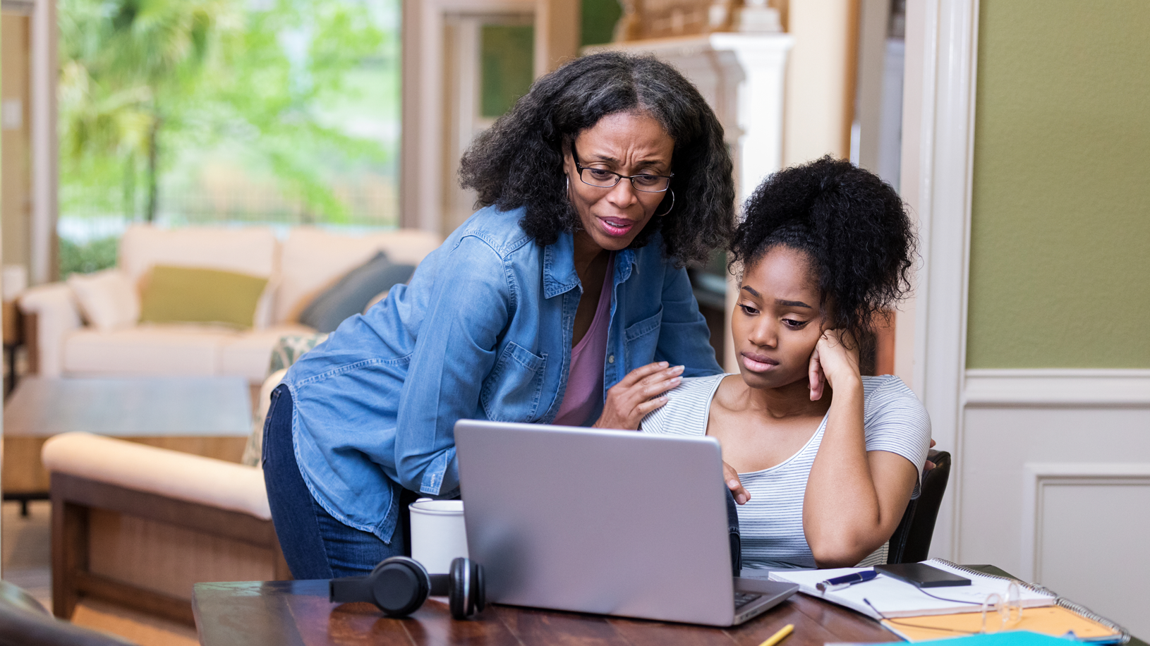 Mature mom comforts upset daughter about something online