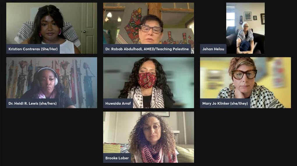 Rabab Abdulhadi, Brooke Lober, Huwaida Arraf, and other panelists speak on the Nakba Day webinar hosted by Arab and Muslim Ethnicities and Diasporas Studies (AMED) at San Francisco State University (SFSU) on May 15, 2024. (source: YouTube)