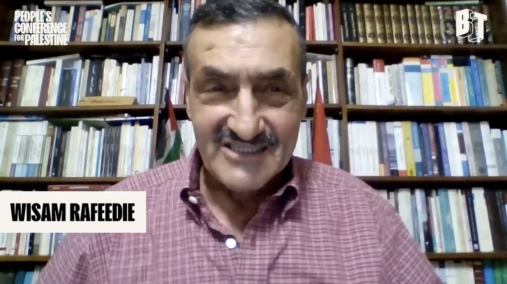 Wisam Rafeedie, imprisoned for running a PFLP publishing house, speaks to “People’s Conference for Palestine” attendees virtually from the West Bank on May 26, 2024. 