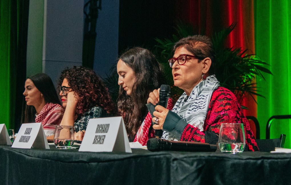 Rabab Abdulhadi (right) speaks at the “People’s Conference for Palestine” in Detroit on May 25, 2024.