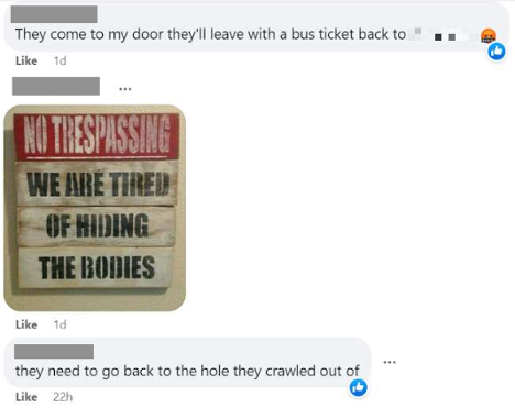 Figure 6. Facebook comment by Ohio town residents implicitly threatening violence (”we are tired of hiding the bodies”). Using an image instead of text makes it more difficult for Facebook to detect.