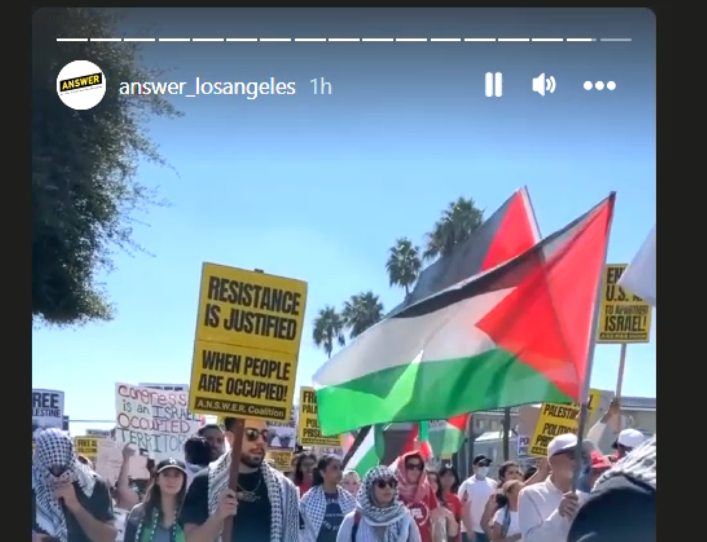 An image from an October 8, 2023 anti-Israel rally in Los Angeles sponsored by PYM. (Screenshot/Instagram)