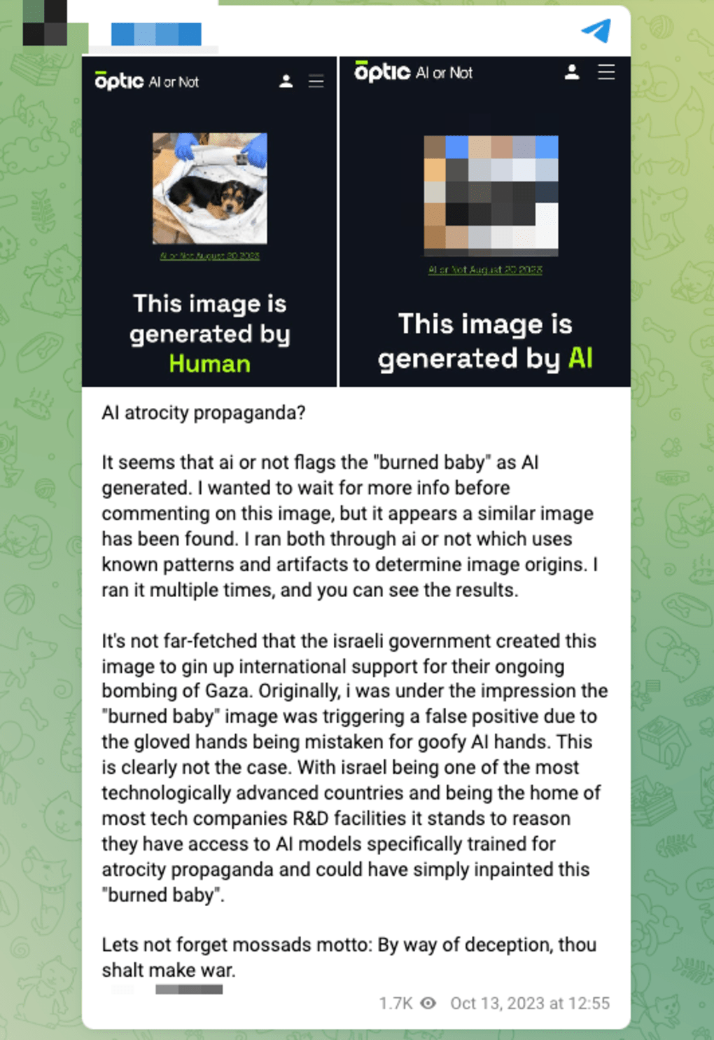 A far-right channel on Telegram shares a false claim about the image of a body from the October 7 attack being AI-generated. (Telegram)