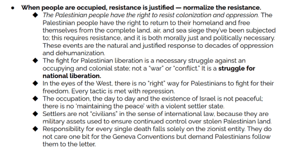 An excerpt from a "Day of Resistance toolkit" document distributed by NSJP after the October 7 attack