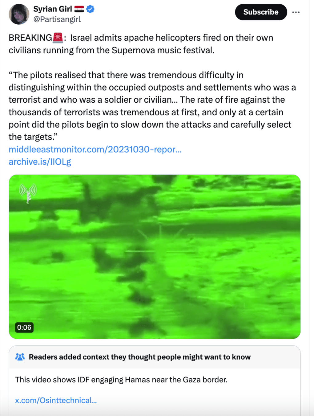 A tweet by user 'Syrian Girl' on X shares conspiracy theory about “Apache helicopters" during October 7.