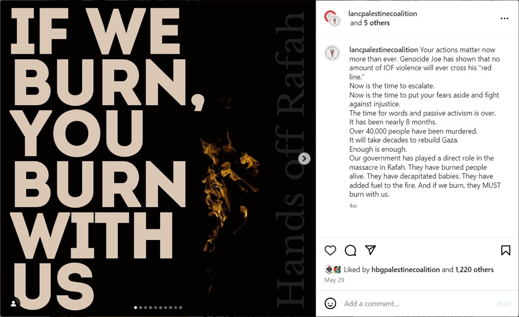 A May 29 social media post shared by multiple Pennsylvania-based anti-Zionist groups declaring “IF WE BURN, YOU BURN WITH US” and “Now is the time to escalate.”