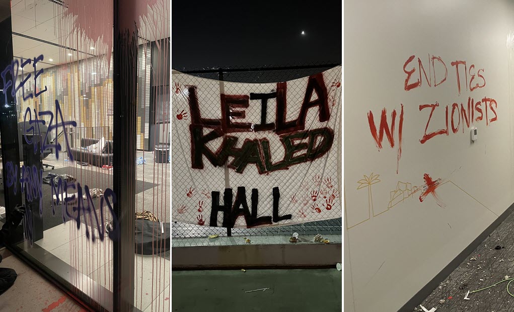 Anti-Israel building occupation at CSULA, including a banner displayed by protesters renaming the building after Popular Front for the Liberation of Palestine (PFLP) terrorist Leila Khaled and vandalism featuring messages that include “FREE GAZA BY ANY MEANS,” “ESCALATE 4 GAZA” and “END TIES W/ ZIONISTS.” (source: X)