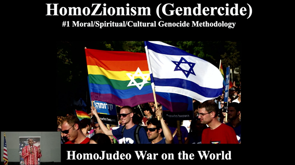 Ayo Kimathi presents an antisemitic and anti-LGBTQ slide, 6/30/2024.