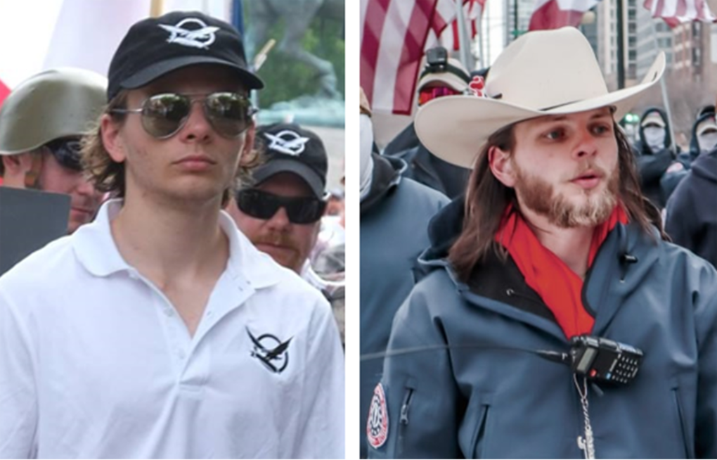 (L) Rousseau at the 2017 Unite the Right rally leading Vanguard America, (R) Rousseau in Chicago, Illinois leading a Patriot Front pro-life demonstration in 2022.  Source: Telegram. 