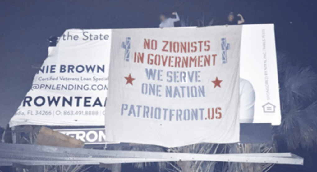 On February 24, 2023, Patriot Front members placed a banner over a billboard in Arcadia, Florida. Source: Telegram.