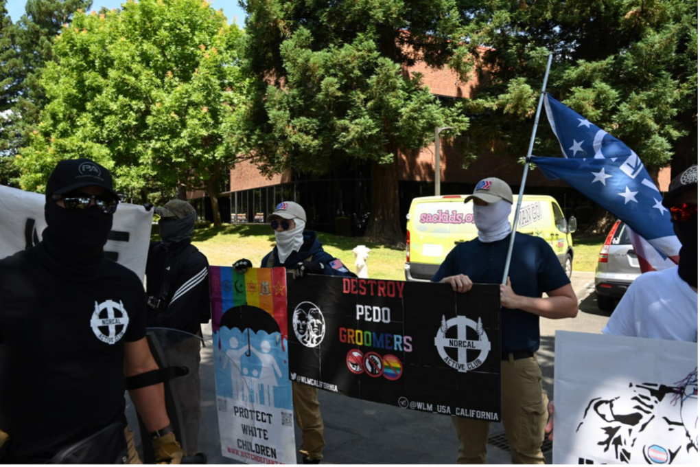 On June 24, 2023, individuals associated with Patriot Front attended an anti-LGBTQ+ demonstration in Sacramento, California. This event was also attended by the white supremacist White Lives Matter and NorCal Active Club. Source: Telegram. 