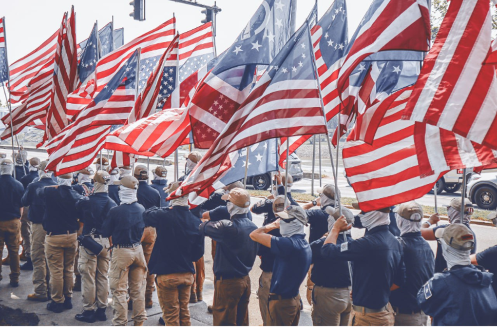 On April 27, 2024, approximately 90 members of Patriot Front marched through downtown Charleston, West Virginia. Source: Telegram. 