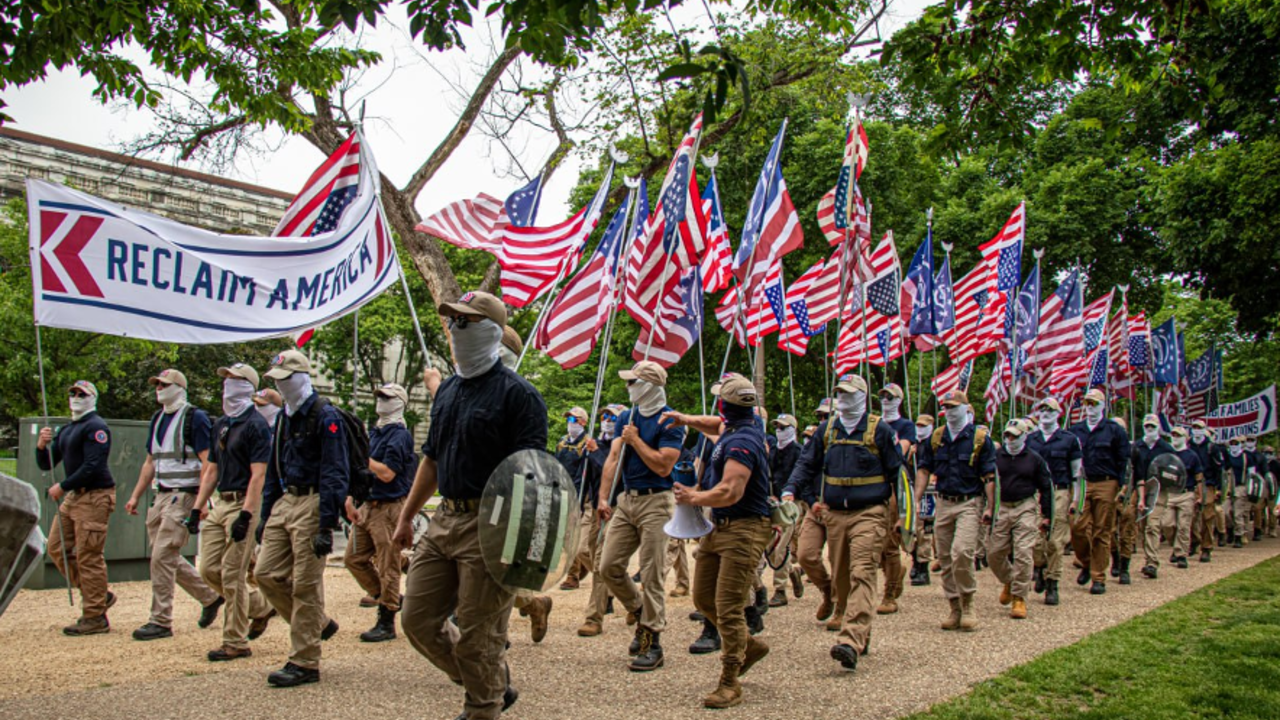 On May 13, 2023, approximately 150 members of Patriot Front marched through the National Mall in Washington, D.C. Source: Telegram.  