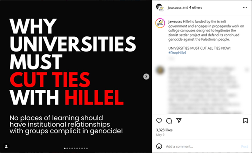 A social media post calling for universities to cut ties with Hillel, shared by Jews Against White Supremacy (JAWS) and Faculty for Justice in Palestine (FJP) at the University of California, Santa Cruz on May 9, 2024