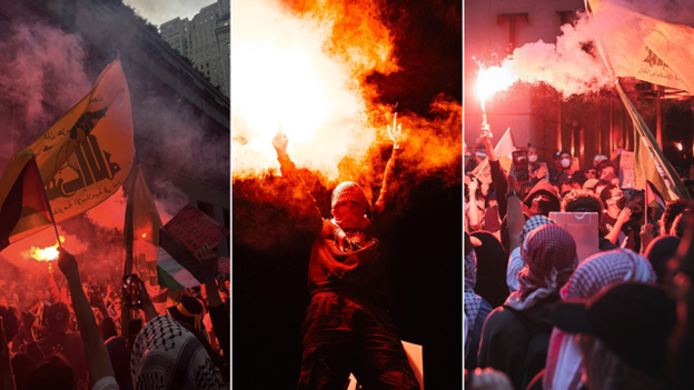 This composite image of three photos shows anti-Israel protesters in New York, NY lighting flares and displaying the symbols of U.S.-designated terror groups at separate events between April and June 2024