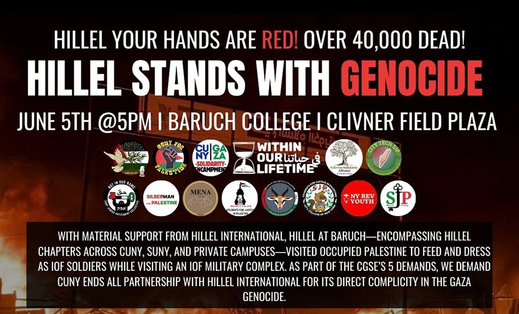 Social media post shared by organizers of an anti-Hillel protest accusing Hillel of "standing with genocide" 