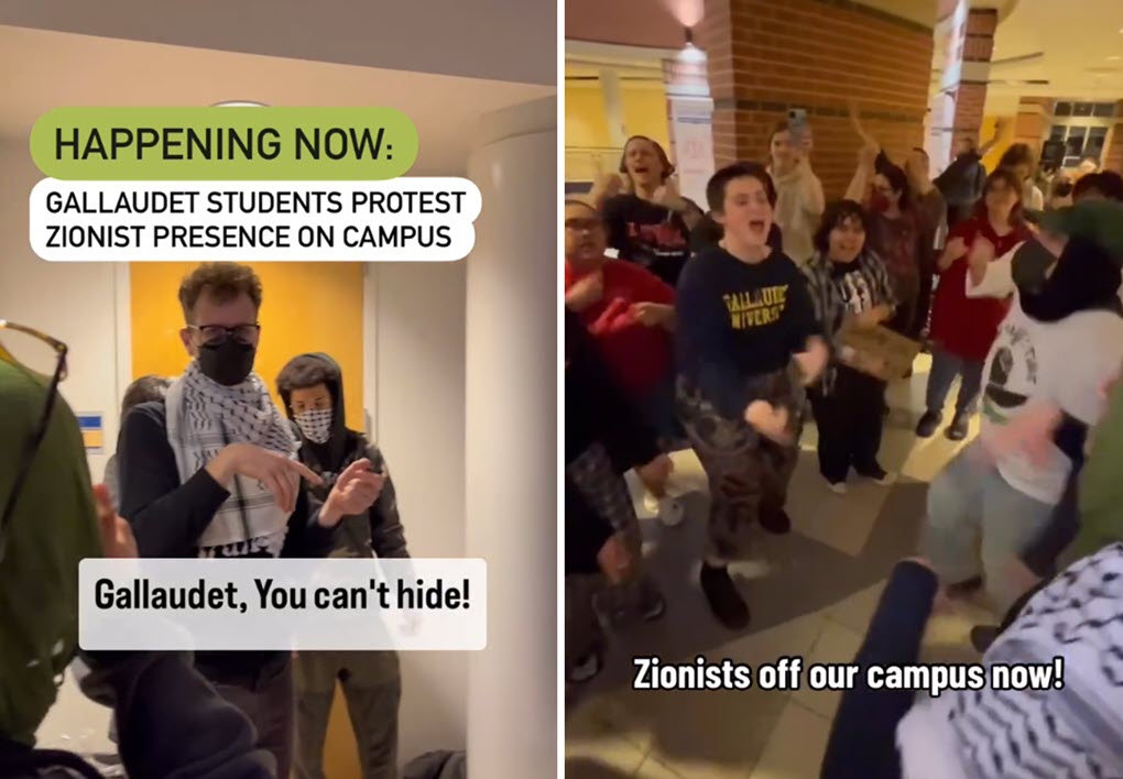 Screengrab of a video posted on social media by anti-Israel student groups at Gallaudet University where protestors were saying things including: "Zionists off our campus now"