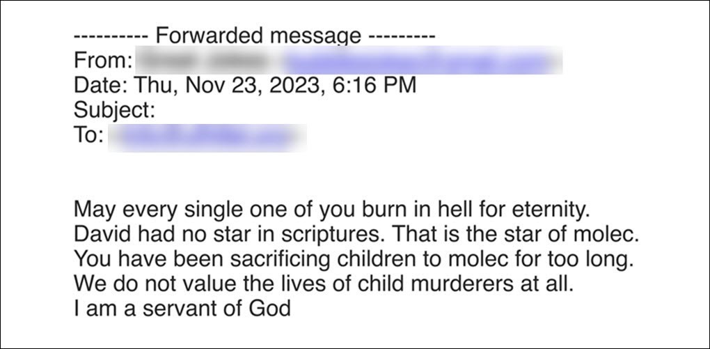 Image of threatening email sent to Hillel chapter