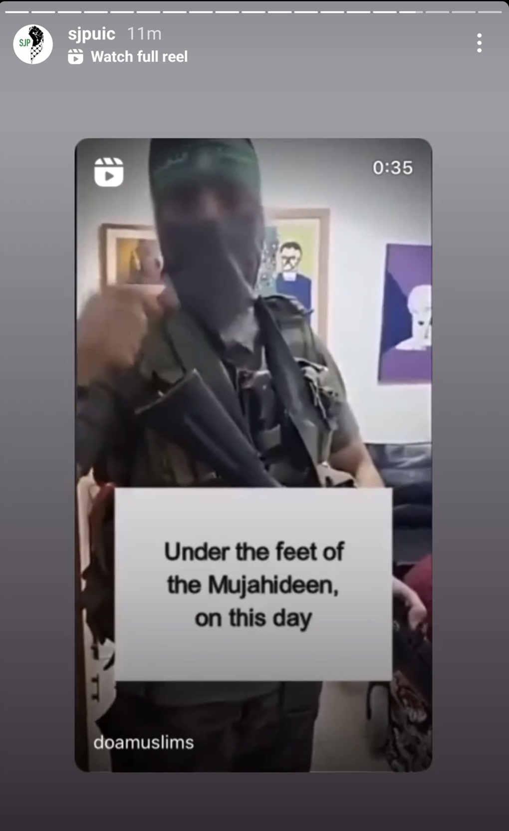 A screenshot from an Instagram story posted by the University of Illinois SJP chapter that showed what appears to be a Hamas terrorist filming himself from inside the home of an Israeli family during the Oct. 7 attack