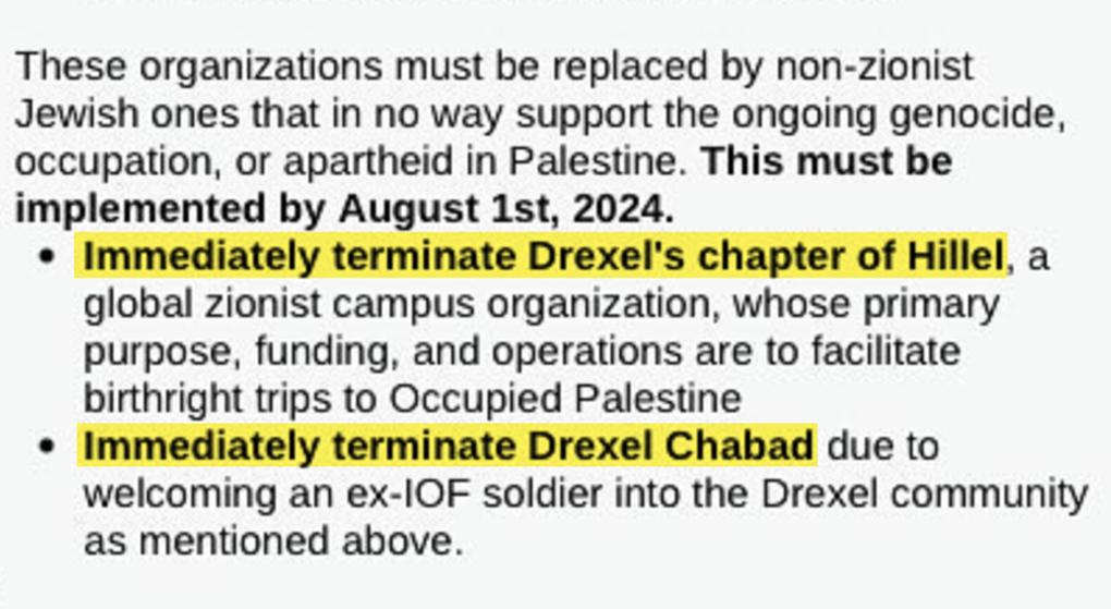 A screenshot of encampment demands from Drexel University, including bans on Hillel and Chabad.