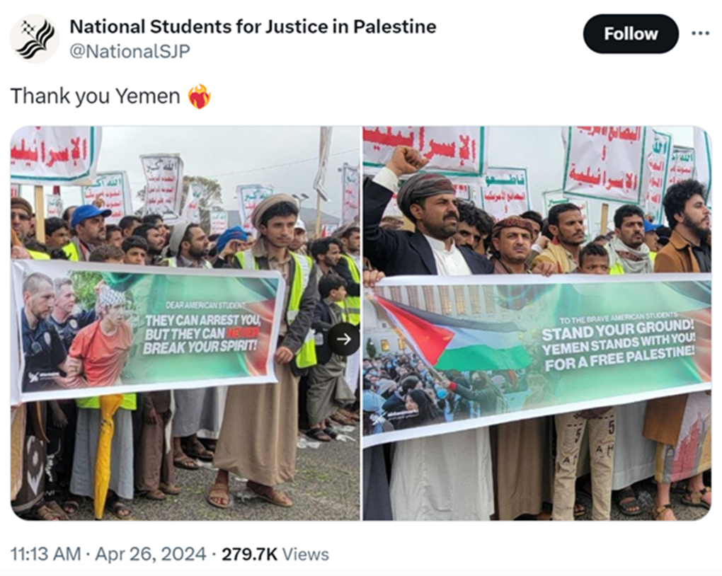 A screenshot of a post by NSJP thanking Yemen for the Houthis' attacks on Israel.s