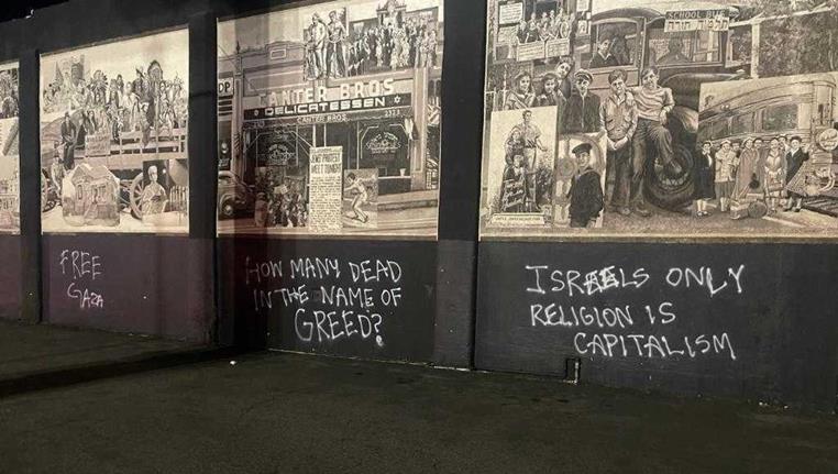 A picture shared on X by ADL California on November 1, 2023, showing the defacement of Canter’s Deli in Los Angeles.