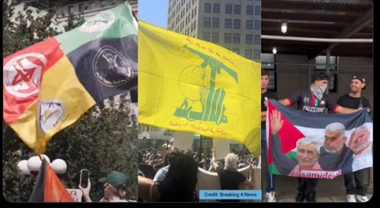 At an anti-Israel march in Union Square on Sep 2, 2024, flags are waved representing Hamas and its military wing, the Al-Qassam Brigades, Hezbollah, Palestinian Islamic Jihad, and PFLP. Protesters with Samidoun waved a banner featuring PFLP's Ahmad Saadat and Hamas Yahya Sinwar and Ismail Haniyeh. 