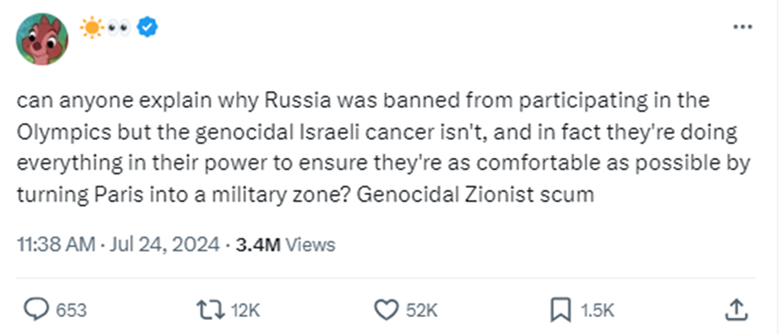 A screenshot from a tweet posted in July 2024 by a radical anti-Zionist and antisemitic account using ‘Zionist’ as a slur. (X)