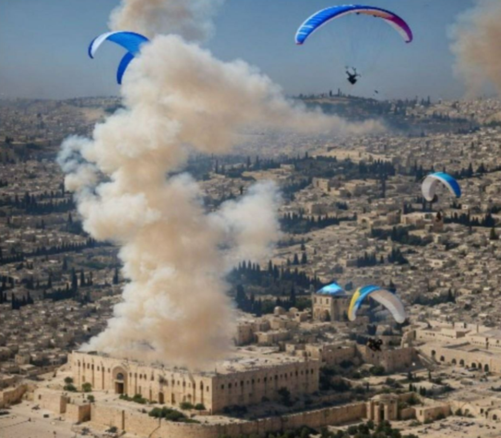 Popular image shared on 4chan shows Hamas terrorists paragliding into Israel and a camouflaged image of Adolf Hitler (4chan)