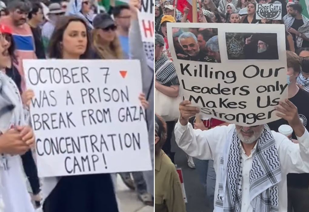 Protesters at anti-Israel protests in San Diego, CA (left), and Washington, DC (right), on October 5, 2024, carry signs expressing support for terror. (source: Instagram)