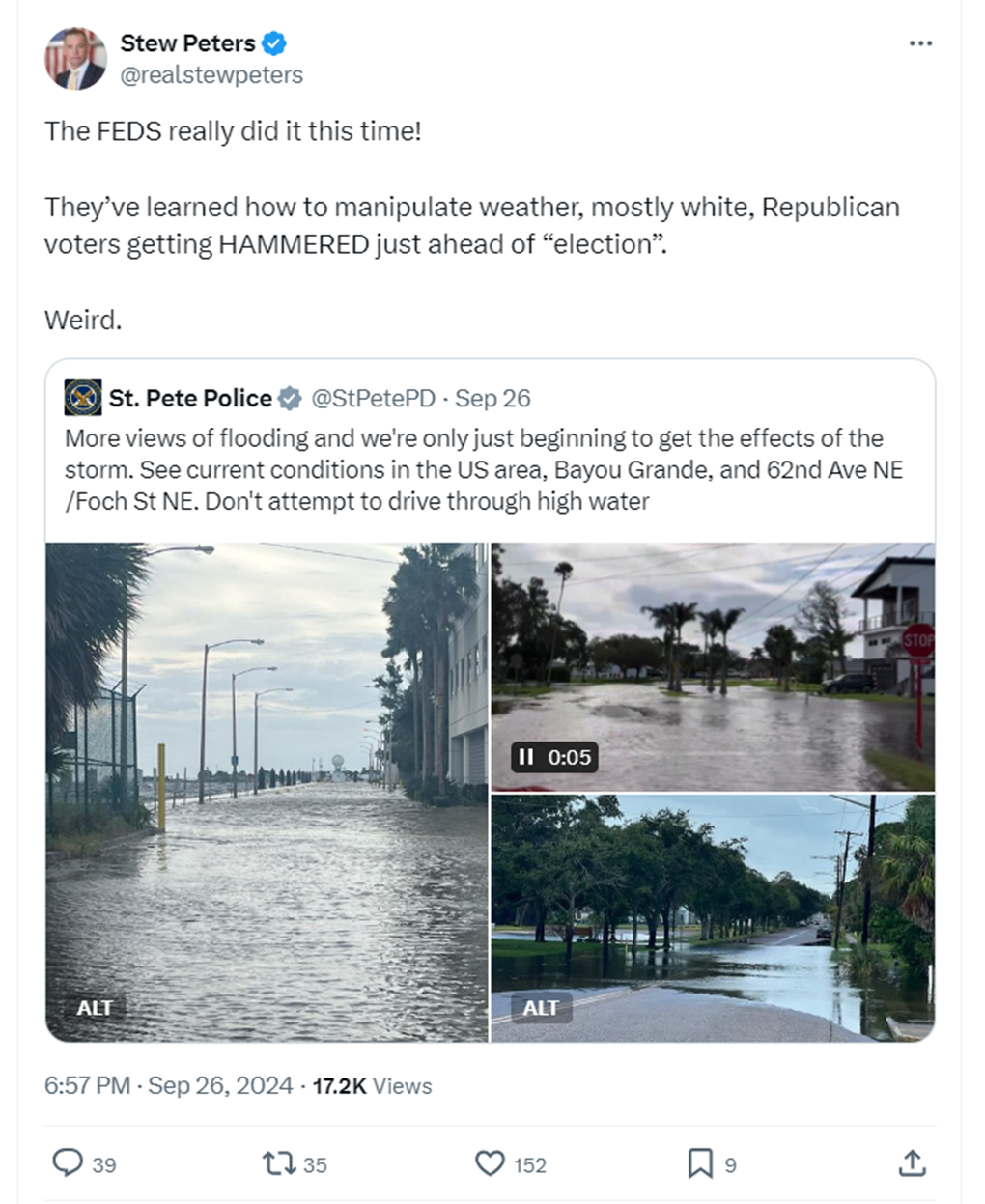 Antisemitic conspiratorial influencer Stew Peters blames “FEDS” for manipulating weather and targeting “mostly white, Republican voters.” 