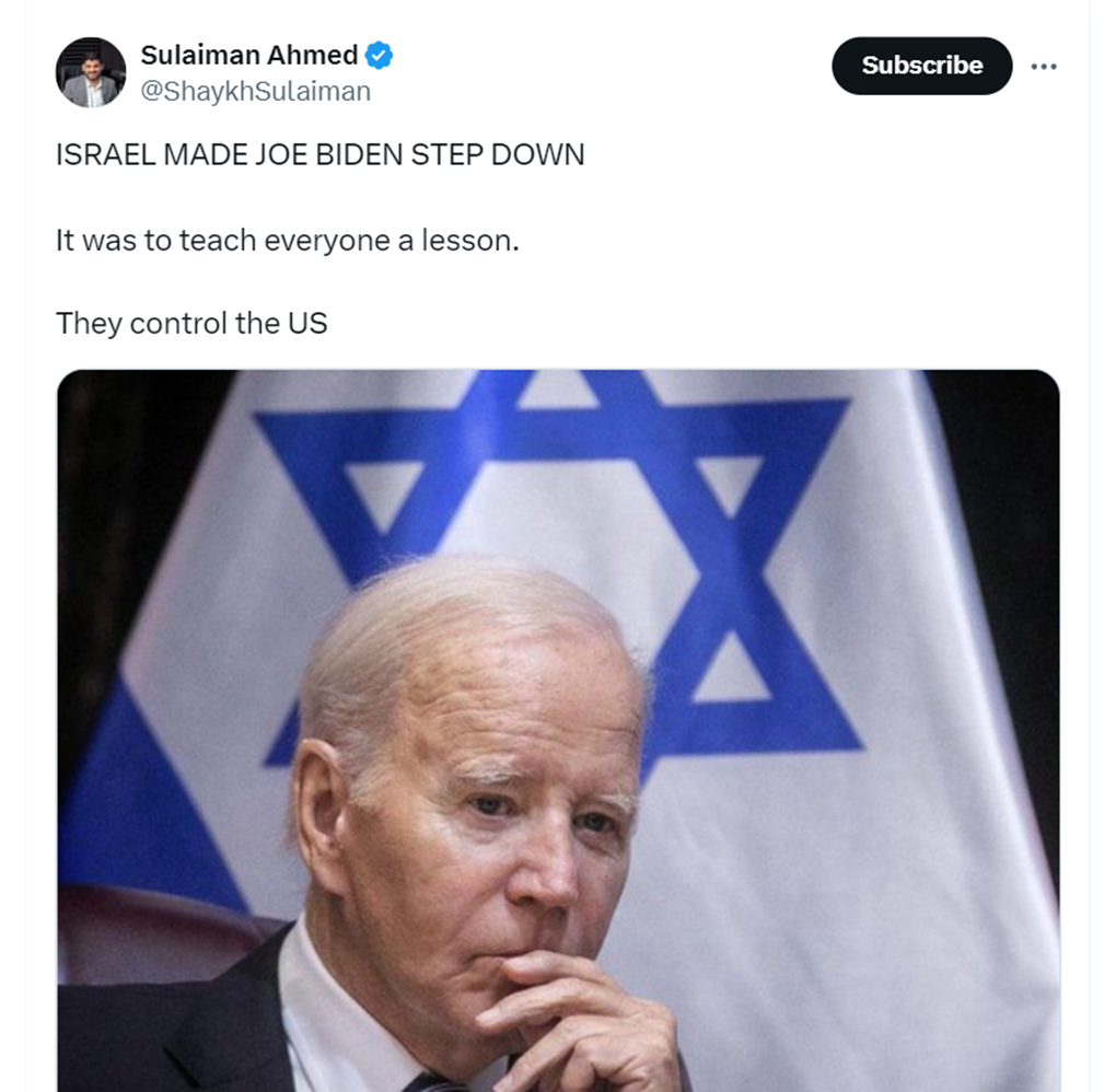 Anti-Zionist influencer Sulaiman Ahmed claims Israel forced Joe Biden out of the 2024 presidential race.