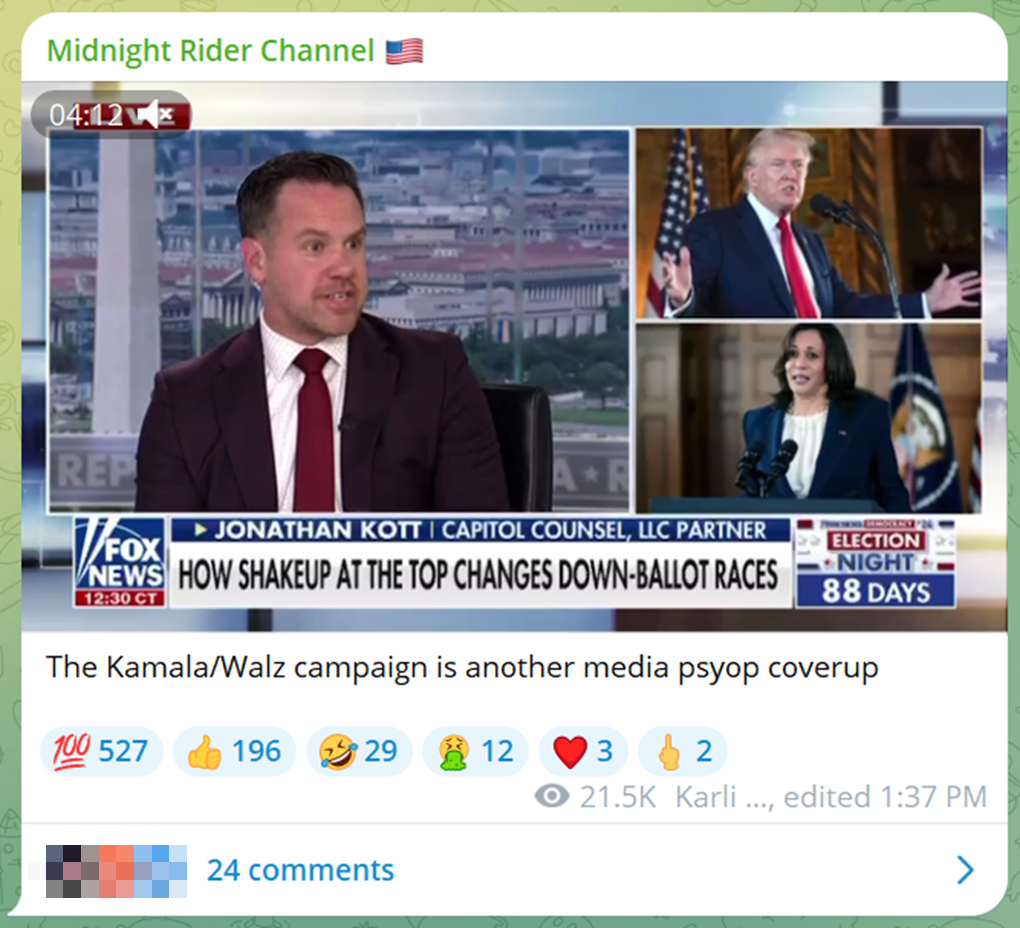 A conspiratorial influencer on Telegram shares the claim that the Harris/Walz campaign is a “psyop.” 