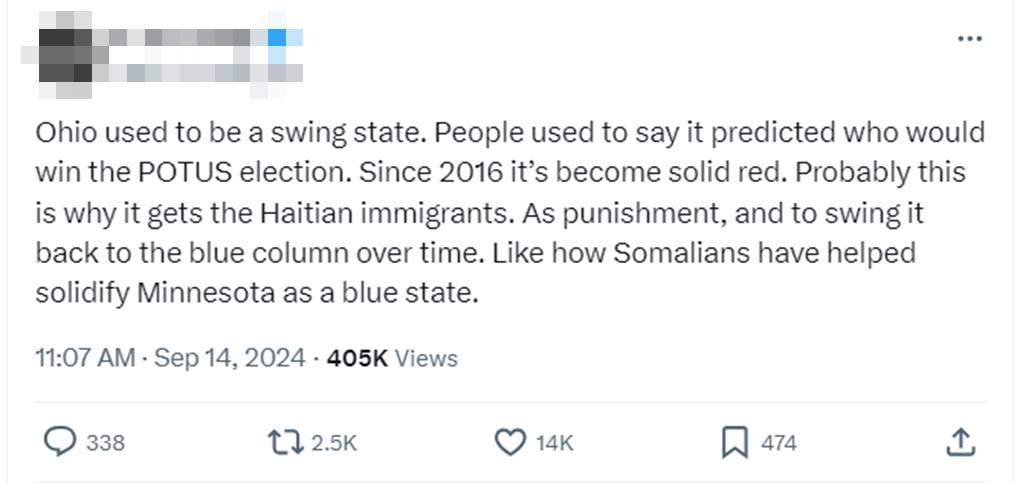 An X user shares a theory that Haitian migrants are being used to turn red states into blue states.