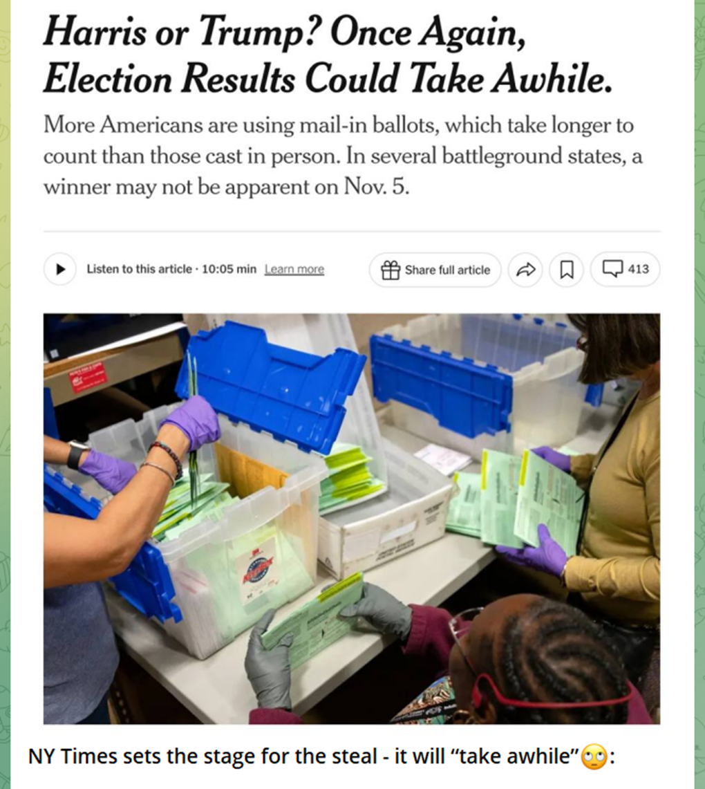 A QAnon account suggests that a projected delay in election results indicates the election will be stolen.