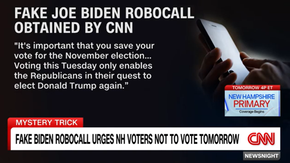 An excerpt from a robocall using synthetic speech of Joe Biden's voice, aired on CNN