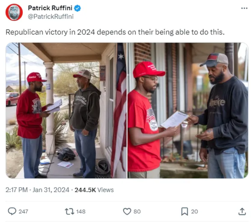 A since-deleted X post from pollster Patrick Ruffini using GAI imagery