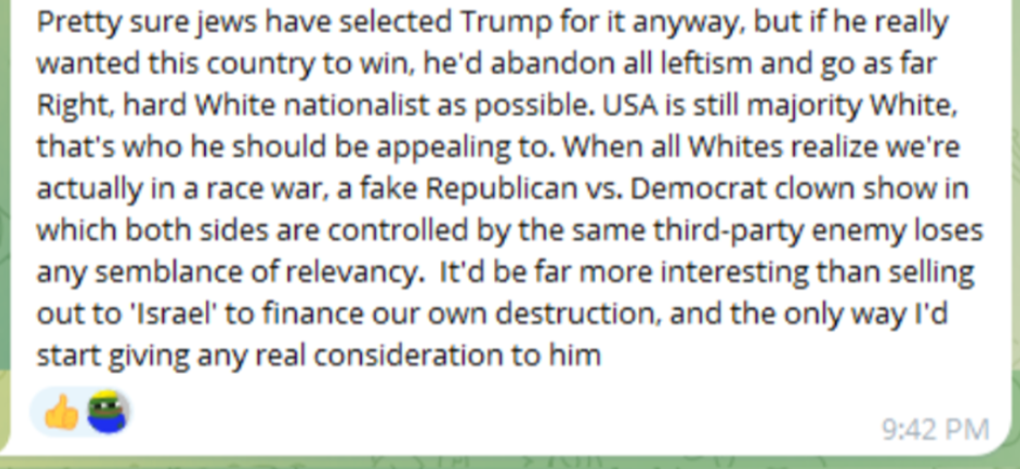 A white supremacist suggests that Trump has been "selected" by "Jews."