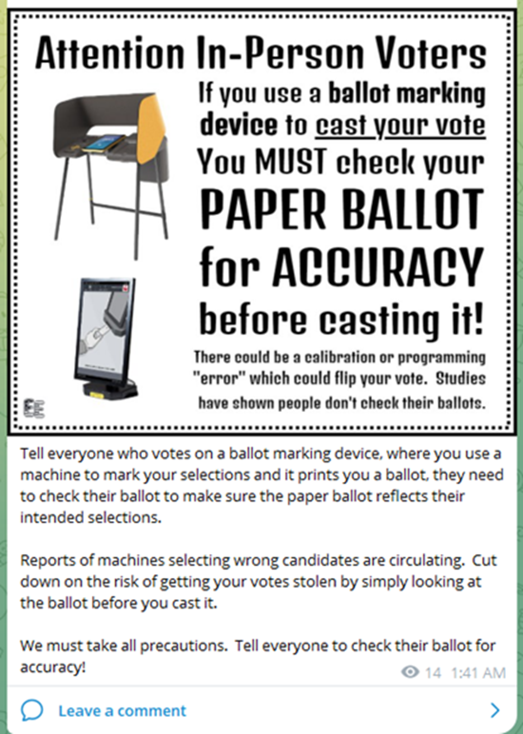 A post on Telegram warns of voting machines “flipping votes” ahead of the November 2024 election. (Source: Telegram)