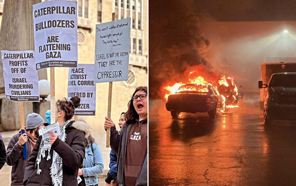 A composite image of protesters holding signs that read “PEACE ACTIVIST RACHEL CORRIE MURDERED BY CAT BULLDOZER” at an anti-Israel rally in Chicago, IL in March 2024 (left), and an image of burning cars following a collective referring to itself as “Rachel Corrie’s Ghost Brigade” committing an arson attack in Portland, OR in May 2024.