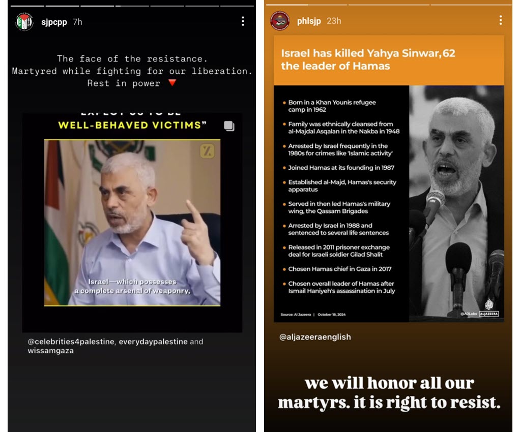 Examples of social media posts published by anti-Israel student groups at U.S. colleges memorializing Hamas leader Yahya Sinwar in the hours after his death was announced