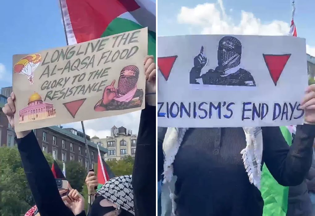 Posters displayed at Columbia University in New York, NY, on October 7, 2024, feature images of Hamas spokesperson Abu Obaida alongside paraglider imagery, inverted red triangle imagery, and slogans that celebrate Hamas’s deadly attack on Israel one year earlier