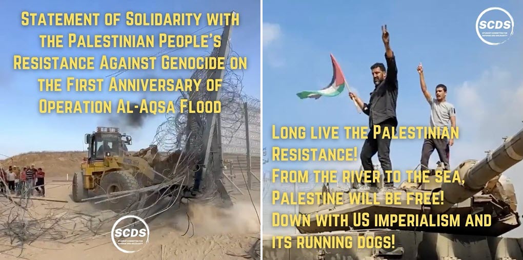 Graphics celebrating Hamas’s October 7 attack, posted on social media alongside a longer statement by the Student Committee for Defense and Solidarity (SCDS) at Pennsylvania State University, demonstrated the type of pro-terror messages shared by many anti-Israel student groups to mark the October 7 anniversary.