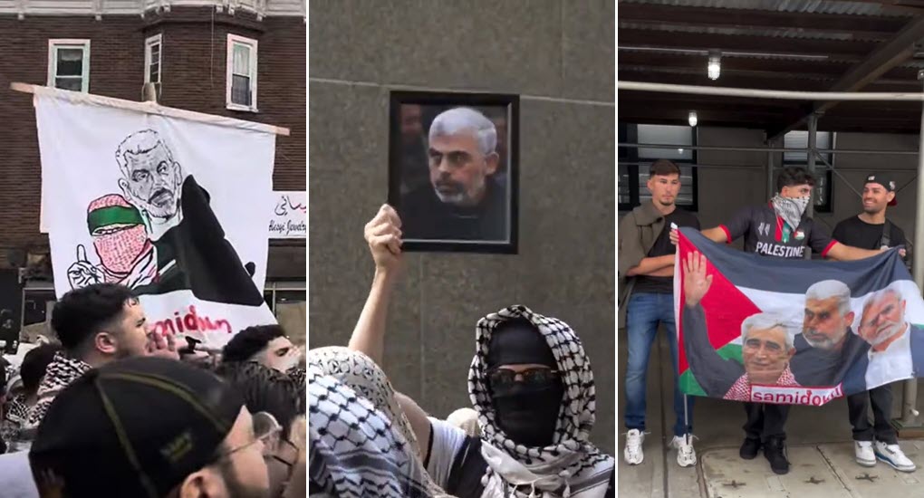 Examples of anti-Israel protesters honoring Hamas leader Yahya Sinwar on banners, signs, and flags displayed at protests in the months preceding his death, including in Brooklyn, NY, on May 18, 2024 (left); in New York, NY, on June 21, 2024 (center); and in New York, NY, on September 2, 2024 (right)