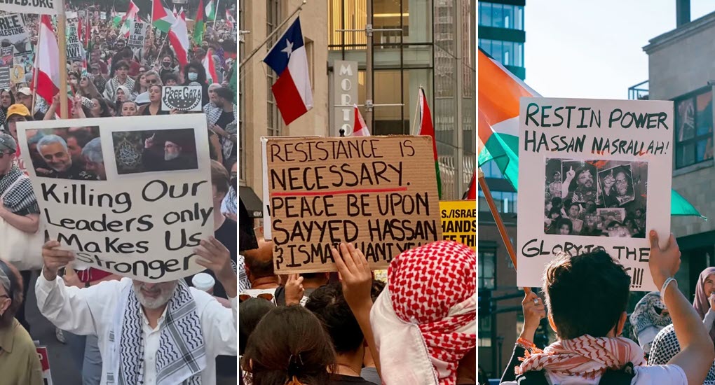 Examples of anti-Israel protesters honoring Hezbollah leader Hassan Nasrallah and Hamas leader Ismail Haniyeh on signs displayed at protests in the U.S. on October 5–6, 2024, including in Washington, DC (left); Houston, TX (center); and Minneapolis, MN (right