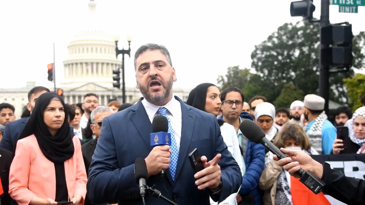 AMP's Osama Abuirshaid (center) speaks at an AMP press conference in Washington, D.C. on September 24, 2024.  From left to right: Sana Wazwaz, AMP Minnesota, Abuirshaid, Ayah Ziyadeh, former AMP director of advocacy